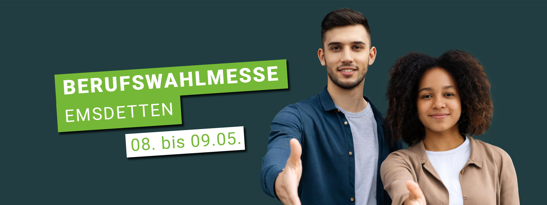 Zwei Menschen, Textfeld Berufswahlmesse Emsdetten vom 8. bis zum 9. Mai